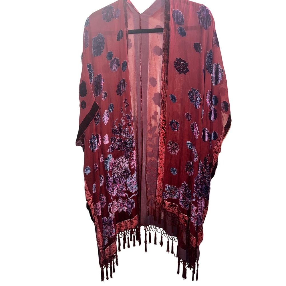 Velvet Burnout Floral Kimono Duster Burgundy Beaded Tassel Fringe One Size READ